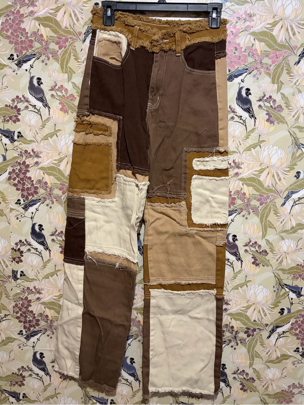 SHEIN Multicolor Patchwork Straight Leg Jeans in Brown, Tan & Cream